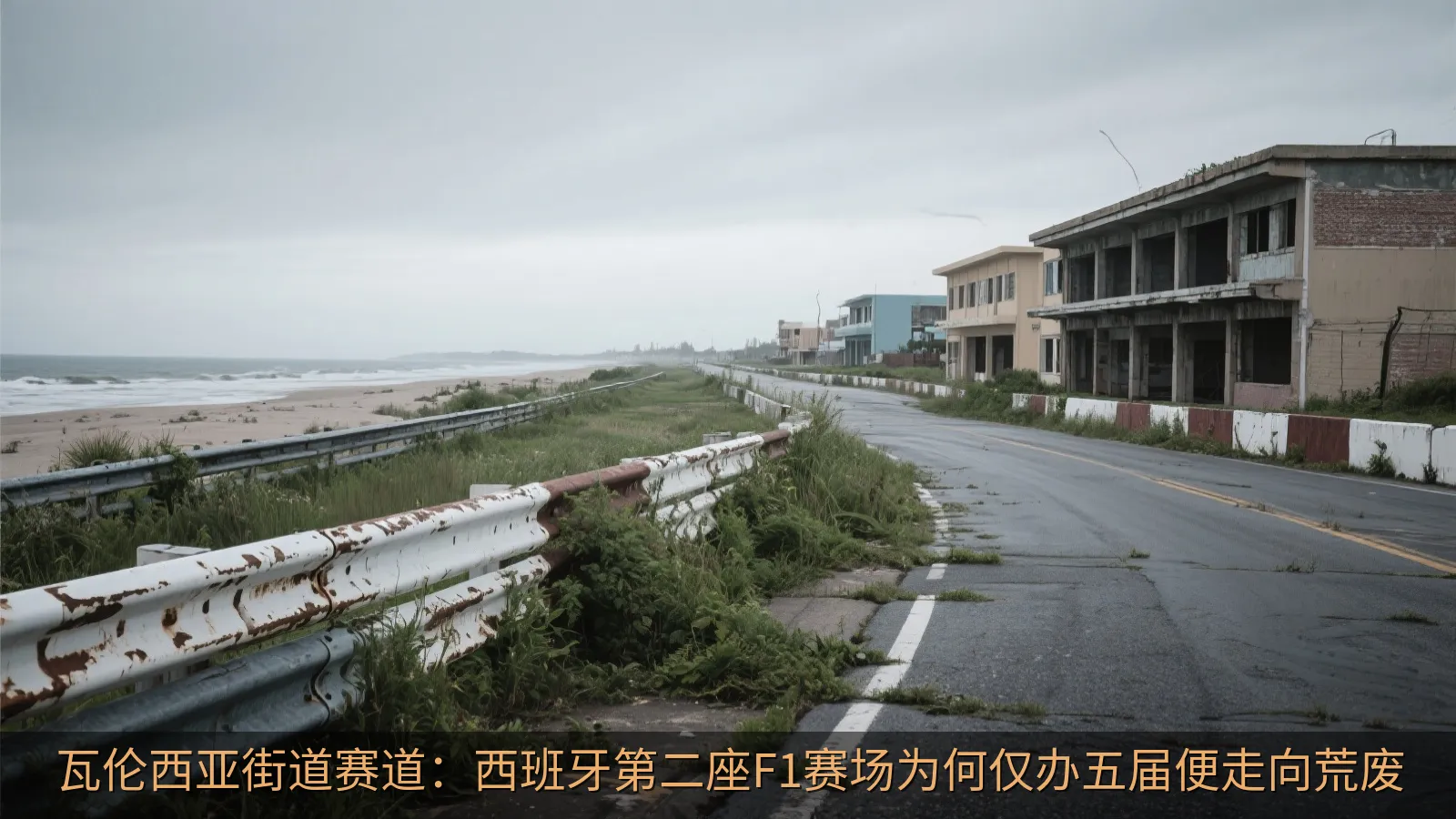 废弃的港口街道赛道护栏与杂草丛生的路面